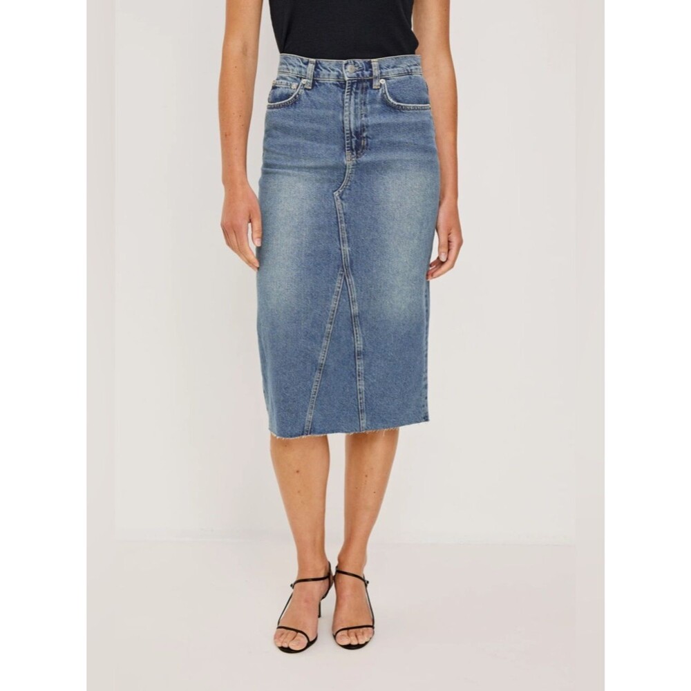 Levi Strauss Signature Denim Midi Skirt Raw Hem Slit Stretch Casual 90s Y2K 4